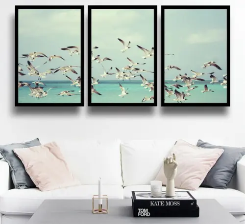 3 Quadros Praia Gaivotas Pássaros Decoração Oceano Moldura