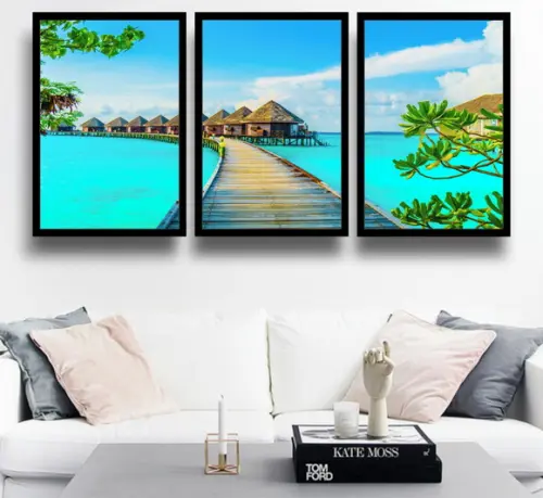 3 Quadros Praia Maldivas Decoração Resort Conjunto Moldura