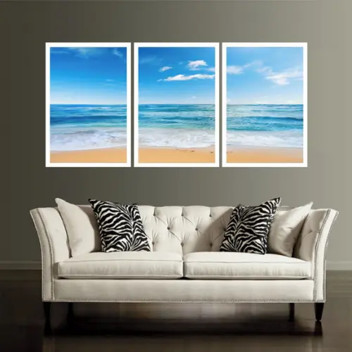 3 Quadros Praia Mar Azul Oceano Decoração Paisagem Molduras