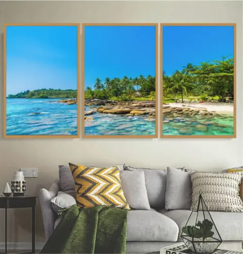 3 Quadros Praia Mar Azul Paisagem Decoração Conjunto Moldura