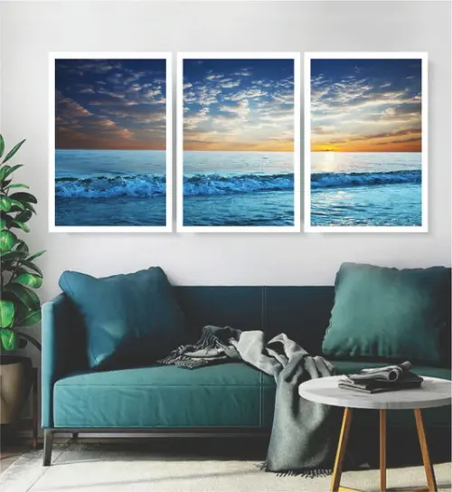 3 Quadros Praia Mar Azul Paisagem Decoração Conjunto Moldura