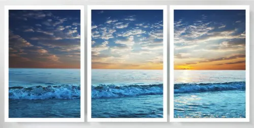 3 Quadros Praia Mar Azul Paisagem Decoração Conjunto Moldura