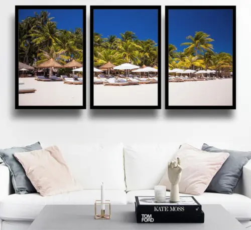 3 Quadros Praia Paisagem Maldivas Decoração Resort Moldura