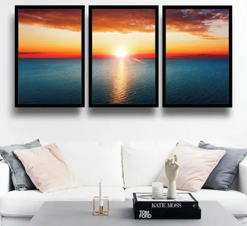 3 Quadros Praia Paisagem Pôr Do Sol Decoração Com Moldura