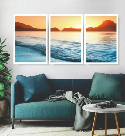 3 Quadros Praia Pôr Do Sol Decoração Paisagem Com Moldura