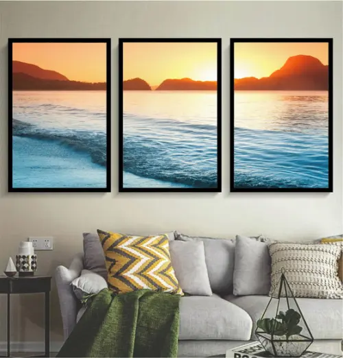 3 Quadros Praia Pôr Do Sol Decoração Paisagem Com Moldura