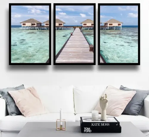 3 Quadros Praia Resort Maldivas Decoração Conjunto Moldura