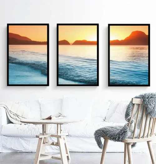 3 Quadros Praia Pôr Do Sol Decoração Paisagem Com Moldura