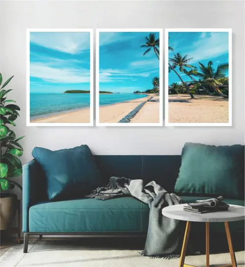 3 Quadros Praia Resort Paisagem Coqueiro Decoração Moldura