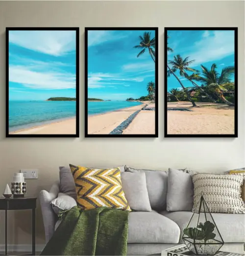 3 Quadros Praia Resort Paisagem Coqueiro Decoração Moldura