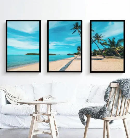 3 Quadros Praia Resort Paisagem Coqueiro Decoração Moldura