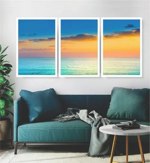 3 Quadros Praias Decoração Paisagem Pôr Do Sol Com Moldura