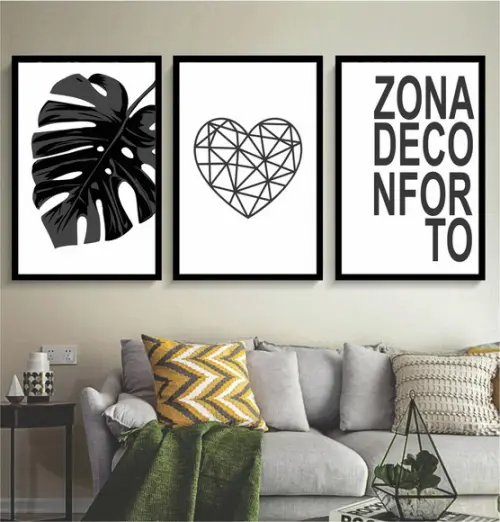 3 Quadros Preto e Branco Decoração Folhagem Frases Molduras
