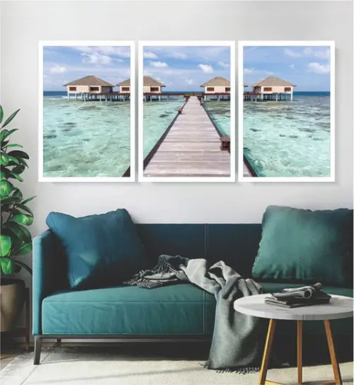 3 Quadros Praias Resort Maldivas Decoração Conjunto Moldura
