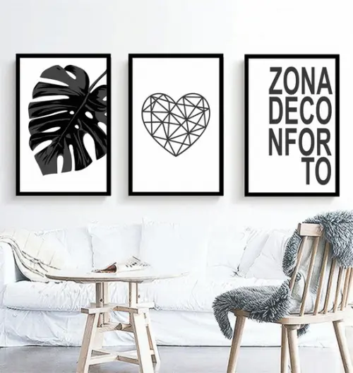 3 Quadros Preto e Branco Decoração Folhagem Frases Molduras