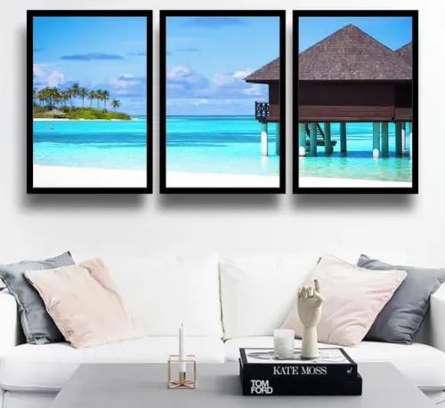 3 Quadros Resort Maldivas Decoração Praias Conjunto Moldura