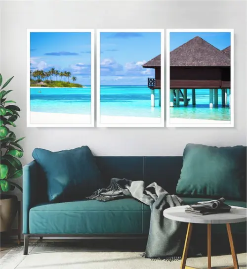 3 Quadros Resort Maldivas Decoração Praia Conjunto Moldura
