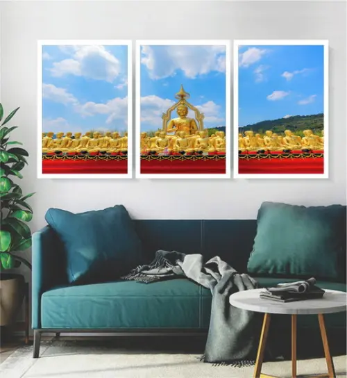 3 Quadros Templo Buda Meditação Decoração Conjunto Moldura