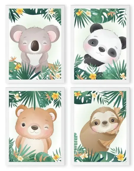 4 Quadros Infantil Desenho Animais Fofo Decoração Molduras