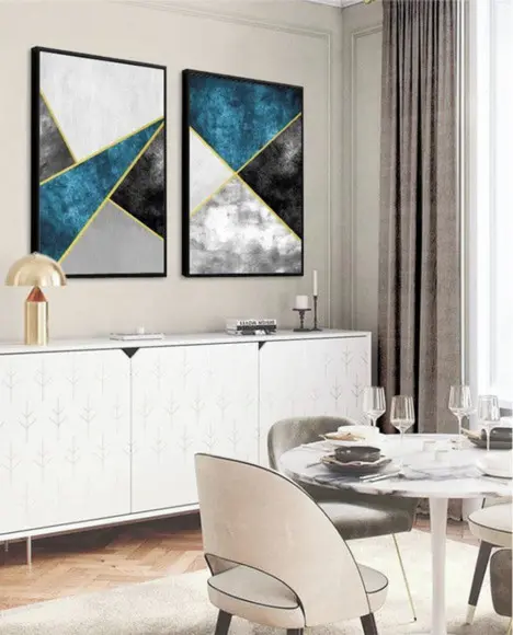Kit 2 Quadros Abstrato Azul Geométrico Decoração Com Moldura