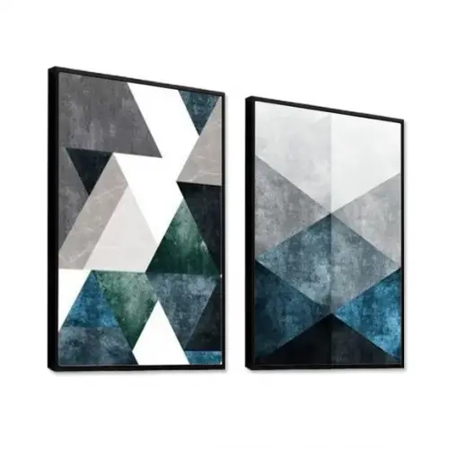 Kit 2 Quadros Abstrato Geométrico Azul Decoração com Moldura