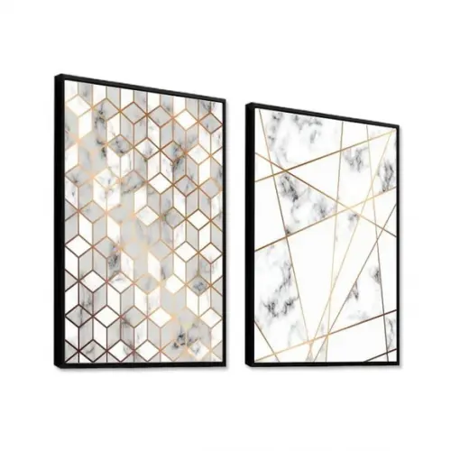 Kit 2 Quadros Abstratos Geométrico Mármore Decoração Moldura