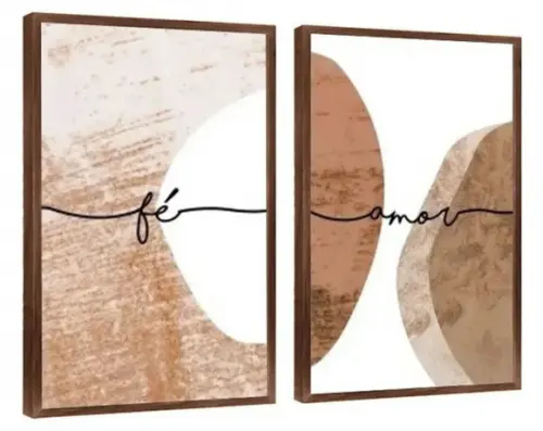 Kit 2 Quadros Abstratos Marrom Frases Decoração Com Moldura