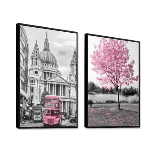 Kit 2 Quadros Arvore Rosa Cidades Londres Decoração Moldura