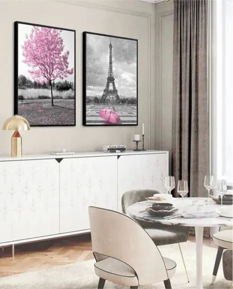 Kit 2 Quadros Arvore Rosa Cidades Paris Decoração Molduras