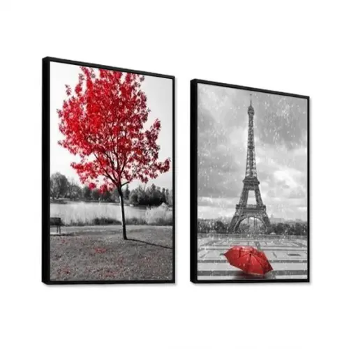 Kit 2 Quadros Arvore Vermelha Cidade Paris Decoração Moldura