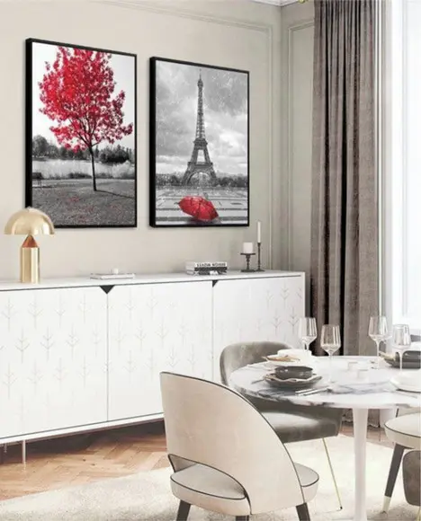 Kit 2 Quadros Arvore Vermelha Cidade Paris Decoração Moldura