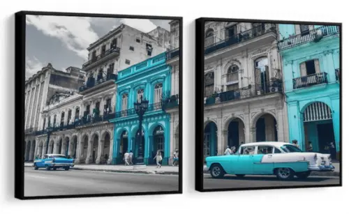 Kit 2 Quadros Cidade Havana Azul Decoração Vintage Molduras
