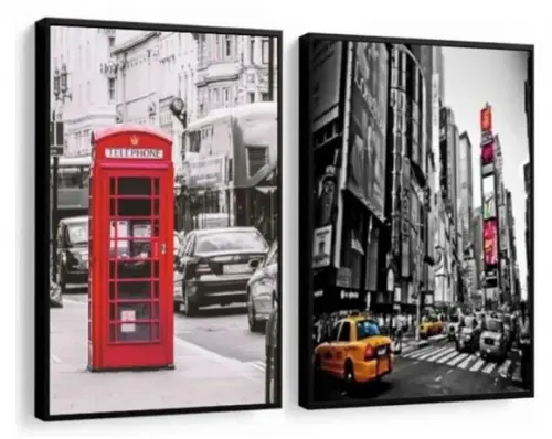Kit 2 Quadros Cidades Londres e Nova York Decoração Moldura