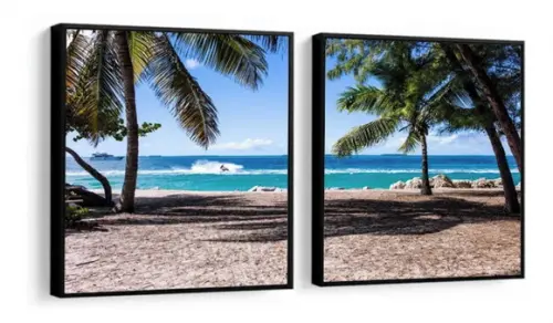Kit 2 Quadros Coqueiros Praia Decoração Paisagem Com Moldura