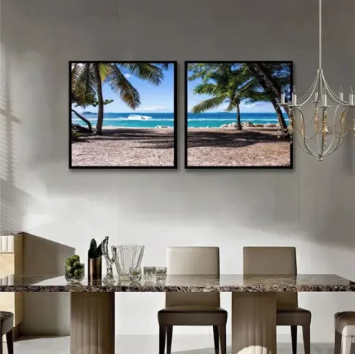 Kit 2 Quadros Coqueiros Praia Decoração Paisagem Com Moldura