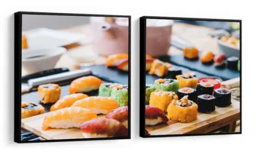 Kit 2 Quadros Cozinha Japonesa Sushi Decoração Com Molduras