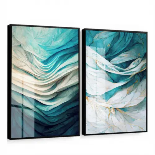 Kit 2 Quadros Decorativos Abstrato Azul com Moldura e Vidro