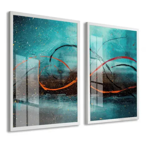 Kit 2 Quadros Decorativos Abstrato Azul Com Moldura e Vidro