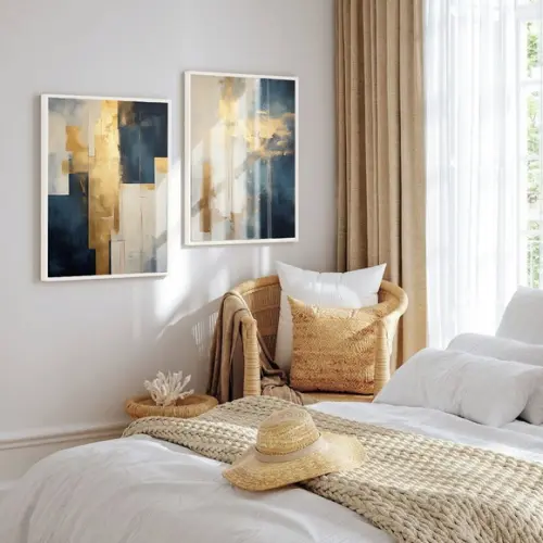 Kit 2 Quadros Decorativos Abstrato Azul Dourado Luxo Vidro