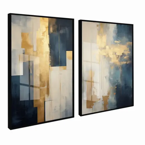 Kit 2 Quadros Decorativos Abstrato Azul Dourado com Vidro
