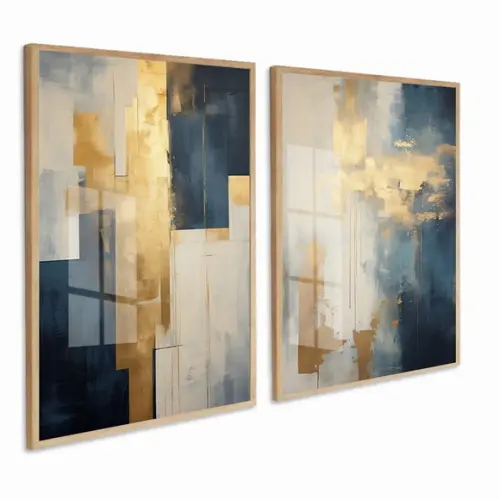 Kit 2 Quadros Decorativos Abstrato Azul Gold Luxo com Vidro