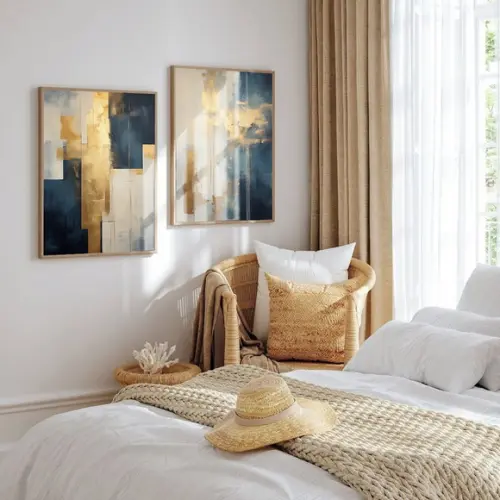 Kit 2 Quadros Decorativos Abstrato Azul Gold Luxo com Vidro