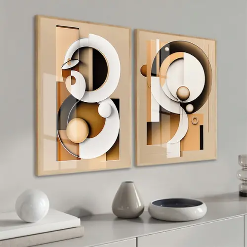 Kit 2 Quadros Decorativos Abstrato Bege com Moldura e Vidro