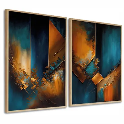Kit 2 Quadros Decorativos Abstrato Azul Laranja Moderno Hall