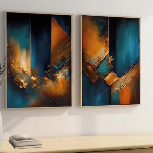 Kit 2 Quadros Decorativos Abstrato Azul Laranja Moderno Hall