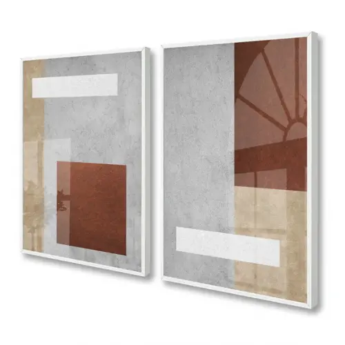 Kit 2 Quadros Decorativos Abstrato Bege Marrom Moldura Vidro