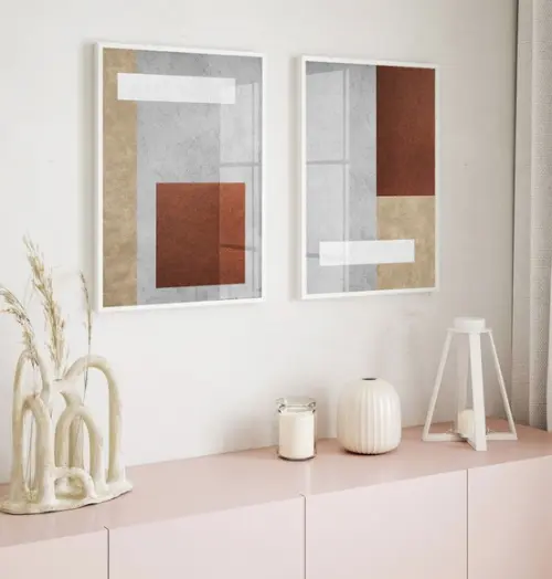 Kit 2 Quadros Decorativos Abstrato Bege Marrom Moldura Vidro