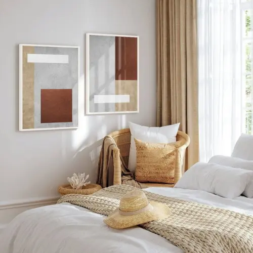 Kit 2 Quadros Decorativos Abstrato Bege Marrom Moldura Vidro
