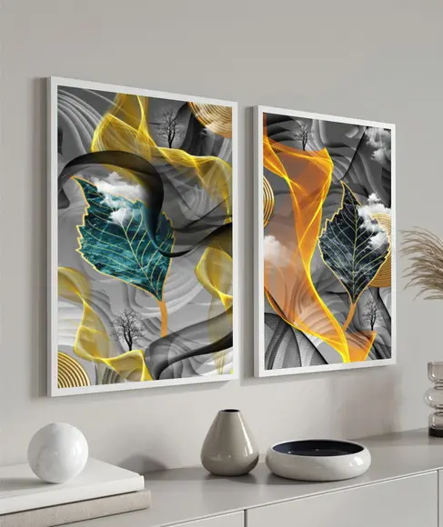Kit 2 Quadros Decorativos Abstrato Dourado Folhagem Moldura
