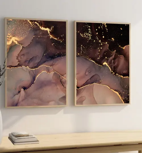 Kit 2 Quadros Decorativos Abstrato Dourado Moderno Moldura
